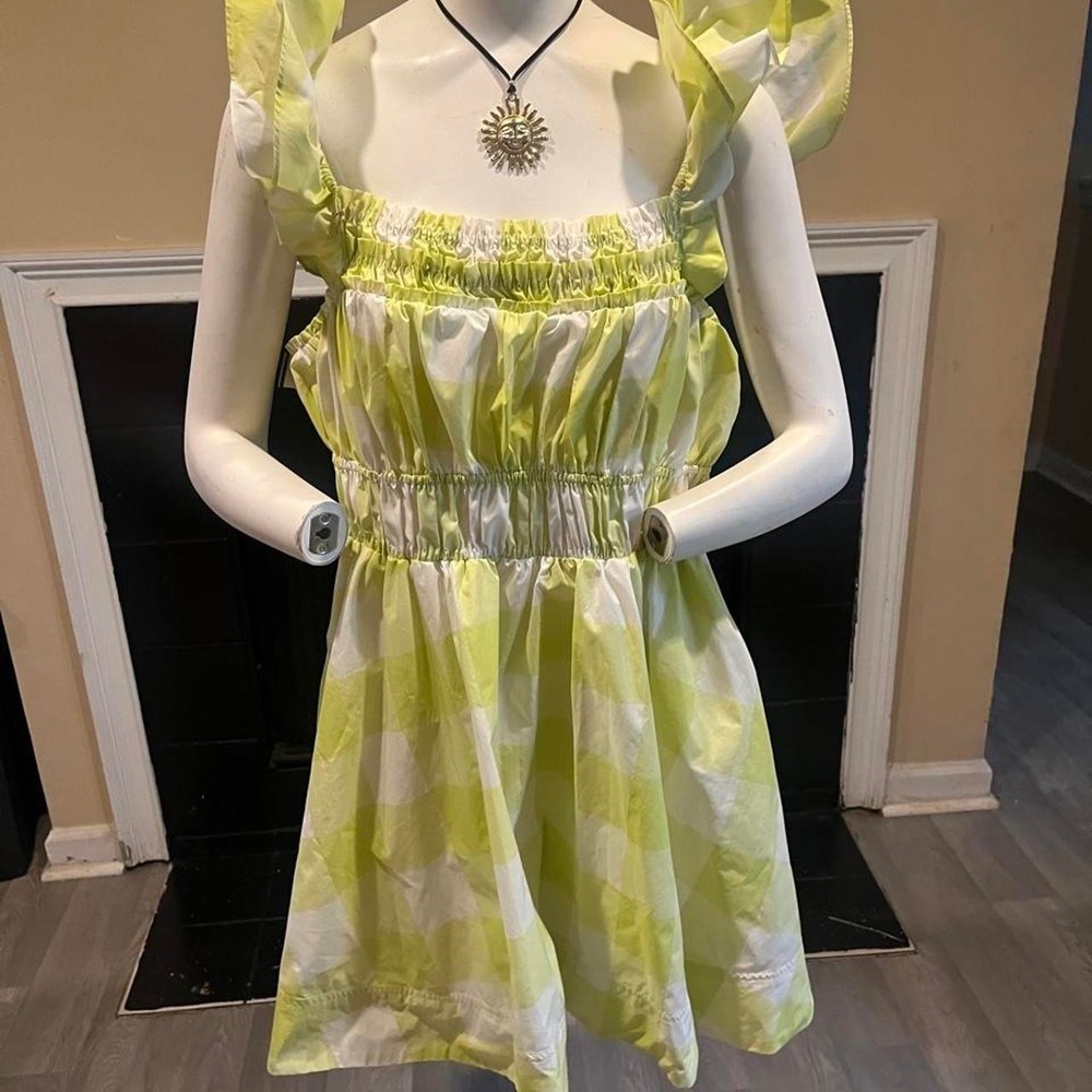 Anthropologie Maeve white and green abstract dress with ruffle sleeves Coquette